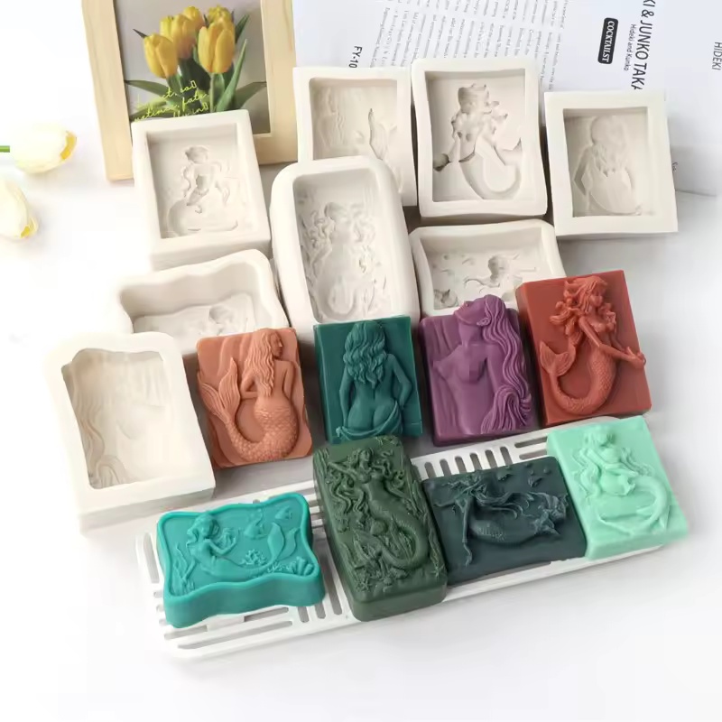 Candle Making Factory - Rechteckige 3D-Meerjungfrauen-Kerzenform im Ozean-Stil, DIY Relief-Meerjungfrauen-Seifenform